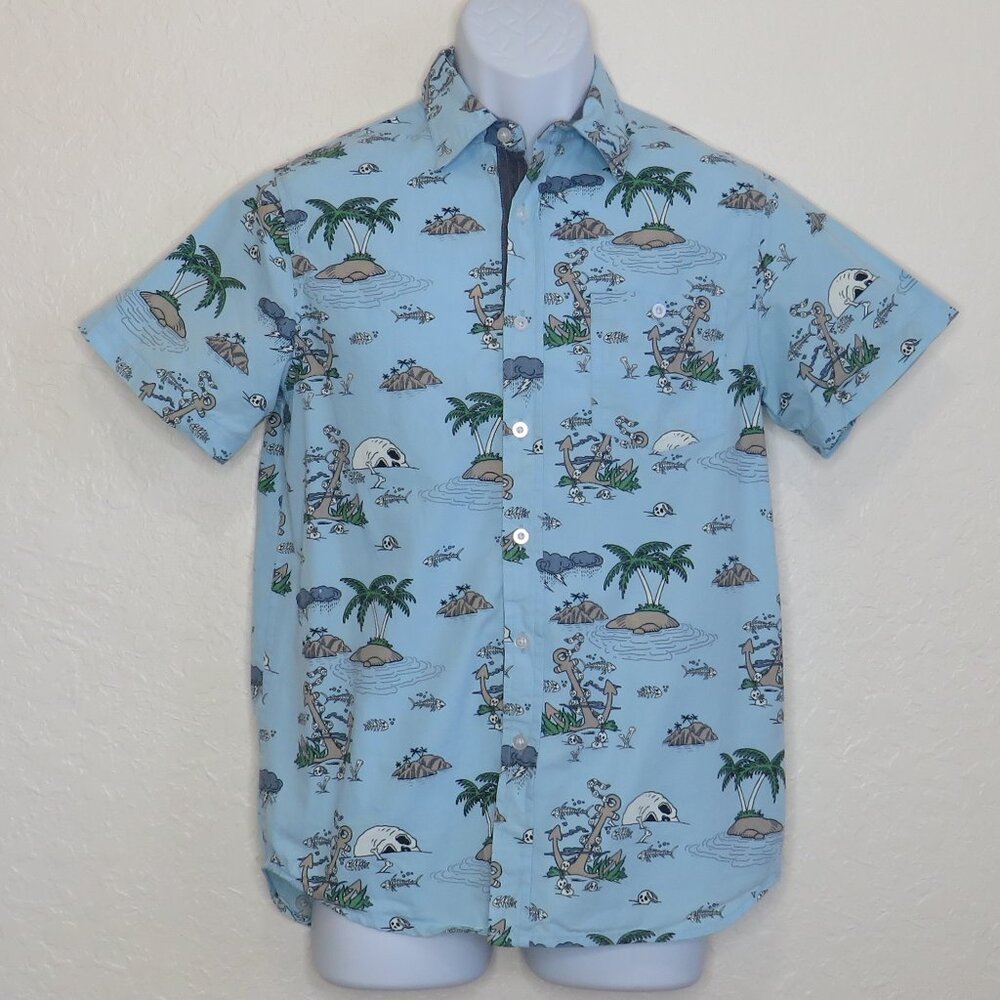 Eighty Eight* Men's Short Sleeve Button Down Curved Hem Character Shirt~ Small